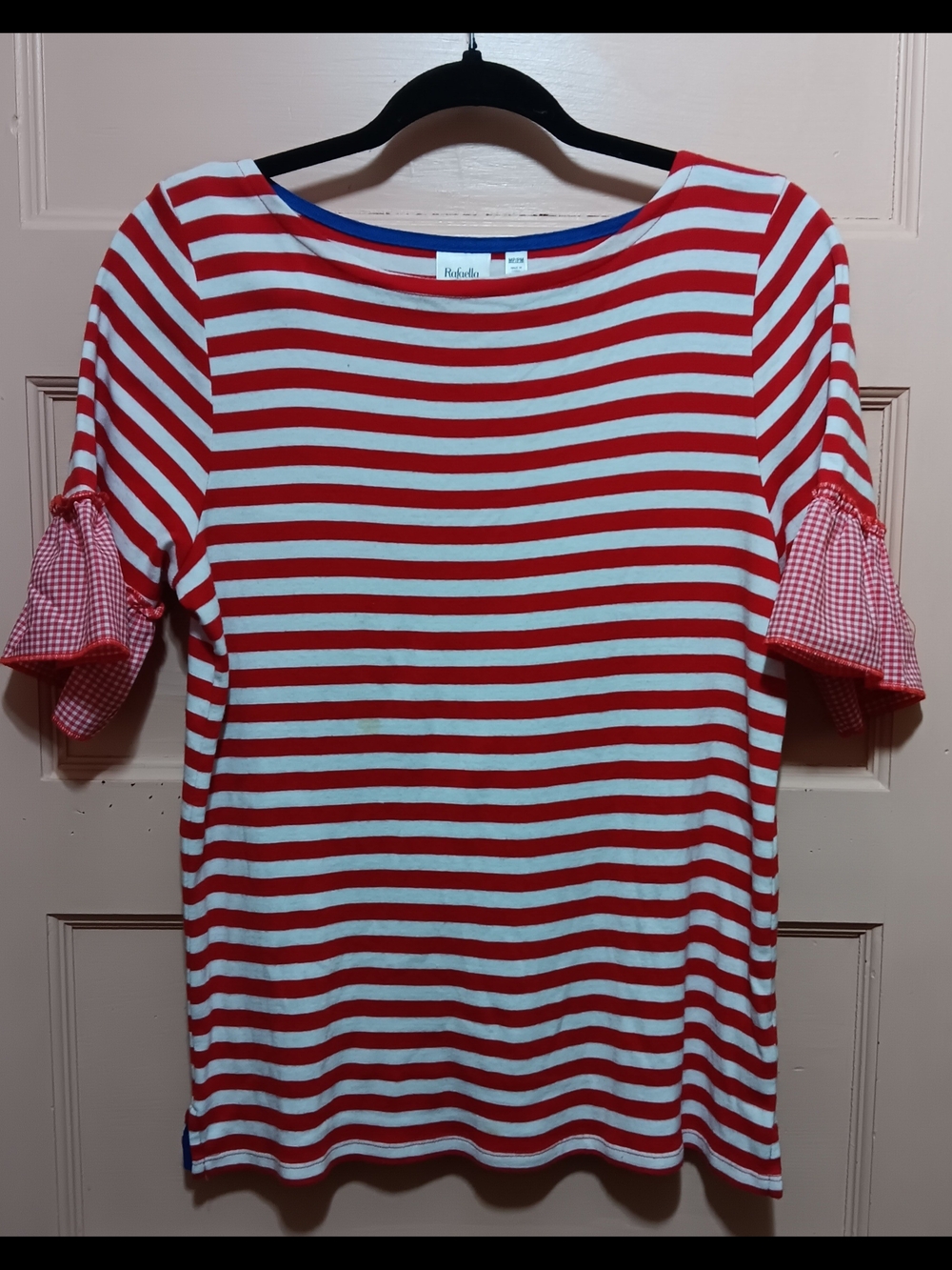 Rafaella Striped Red & White Women’s Top with Ruffle Sleeves